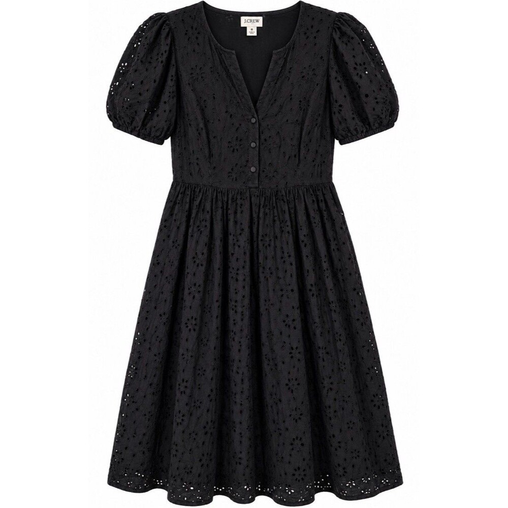 J. Crew Black Eyelet Midi Dress 8 Puff Sleeve Lined Cotton Fall Cottagecore